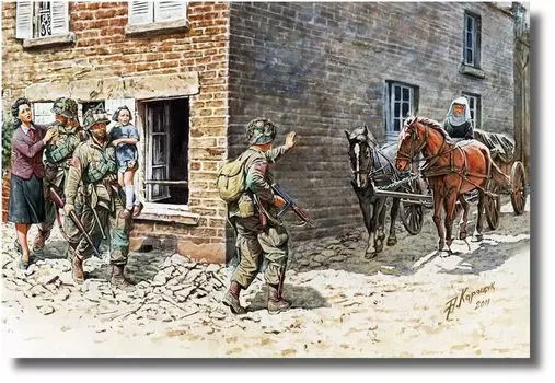 Master Box Франция 1944 3 американских парашютиста 3 гражданских коляски пластиковая модель MB35078 1/35 + +
