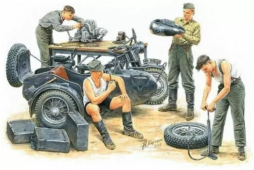 Master Box немецкая сцена обслуживания мотоцикла с коляской и 4 пластиковыми аксессуарами для модели MB35060 1/35,