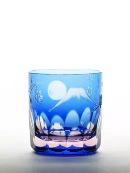 Мастерская стекла Saiho Edo Kiriko Shochu Glass Rocks Стеклянный стакан Стеклянная чашка Синий Розовый Узор с изображением цветущей вишни Fuji Сделано в Японии Деревянная коробка Kiriko