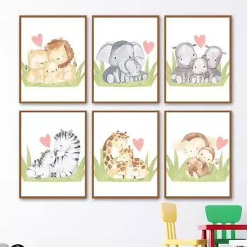 Мать и ребенок Лев Слон Бегемот Зебра Детская Настенная картина с принтом холст картины плакат на скандинавскую тему настенные панно Дети Декор в спальню A4 21X30cm No Framed