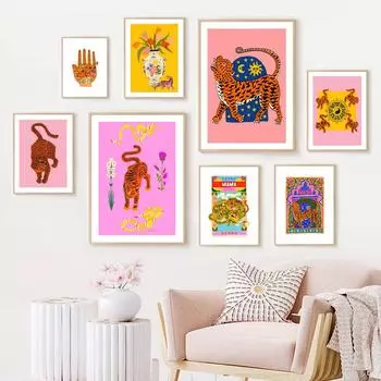 Мать-тигр, мультяшное животное, розовый дикий тигр, змея, настенная живопись на холсте, плакаты на скандинавскую тему, печатает фотографии, декор для детской гостиной, без рамки 21*30cm