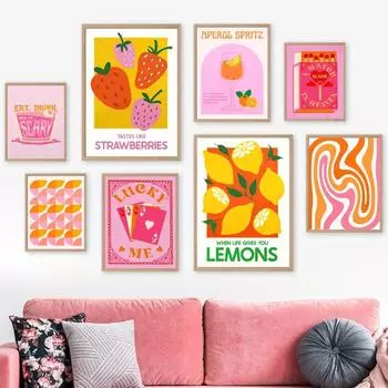 Match Strawberry Lemon Cards, Cocktails, Drink Retro Wall Art, Canvas Painting, Posters and Prints, Wall Pictures, Kitchen Bar D 21x30cm No Framed