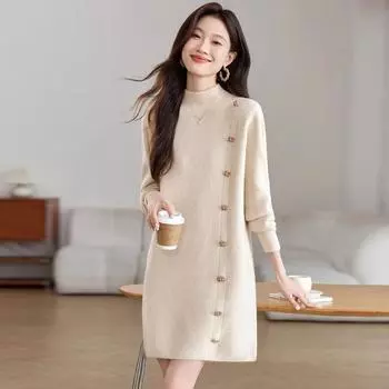 Match with Coat Thickened Sweater Women s Fall and Winter 2025 New Arrival Mid Length Long Length Undershirt Inner Wear Hip-Covering Knitting Dress Beige XL