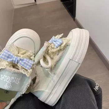Matcha Green Bow Platform Canvas Shoes Women s New Spring and Autumn Niche Leisure Sports Little White Shoes 35