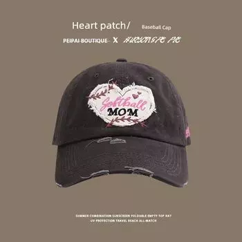 Matching Baseball Cap Female Face-Showing Primary School Student Soft Top Trendy Sun Hat Retro Fashion K-style All-Matching Peaked Cap Male C3089 Heart wheat MOM baseball cap Gray M(56-58cm)