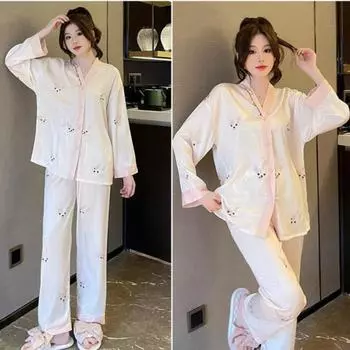 Maternity 2-Piece Set of Ice Silk Pajamas Comfortable Silk Long-Sleeved Trousers Herringbone Pattern Jacquard Silk Loungewear M