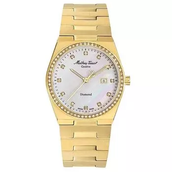Mathey-Tissot Zeus Diamond Accents Золотистый оттенок Нержавеющая сталь Перламутровый циферблат Кварцевые женские часы D118SPYI мать жемчужного
