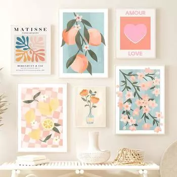 Матисс Цветочный коктейль Лимон Персик Ретро Настенная живопись Холст Картина Скандинавские постеры и принты Настенные картины для декора гостиной 21x30cm No Framed
