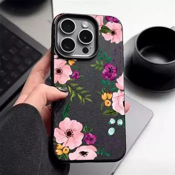 Матовая кожа текстура TPU мягкий чехол для телефона iPhone 16 Pro Max 15 Pro 14 13 12 11 цветочный принт тонкий ударопрочный бампер чехол iPhone 16 чёрный