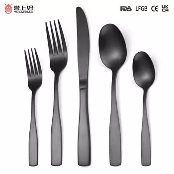 Матовая нержавеющая сталь столовая посуда квадратная ручка нож вилка ложка черный западная еда набор из 5 предметов чёрный