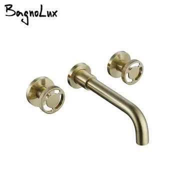 Матово-черный смеситель для раковины, настенный кран с двумя ручками, смеситель для горячей и холодной воды в ванной комнате, поворотный излив на 360 градусов и рифленая ручка