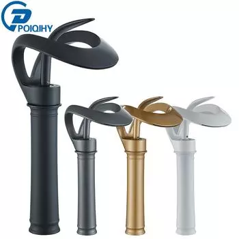 Матово-черный смеситель для раковины в ванной комнате, золотой водопадный смеситель для раковины, латунный смеситель для раковины с горячей и холодной водой