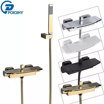 Матово-черный смеситель для ванны, латунный настенный водопадный излив, смесители для душа в ванной, кран с ручным душем, смесители для холодной и горячей воды