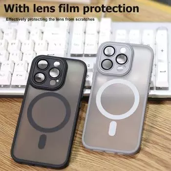 Матовый бампер противоударный для Magsafe чехол для IPhone 16 Pro Max 15 14 Plus 13 12 11 прозрачный беспроводной зарядный магнитный с пленкой для камеры полупрозрачный чехол For iPhone 11 чёрный