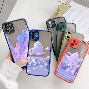 Матовый чехол для iPhone 11 12 13 14 Pm Pro Max XR X 8 7 Plus Pro XS Mini Skin Feeling Cover Япония Аниме Ручная роспись Домашний пейзаж iPhone 14 PM