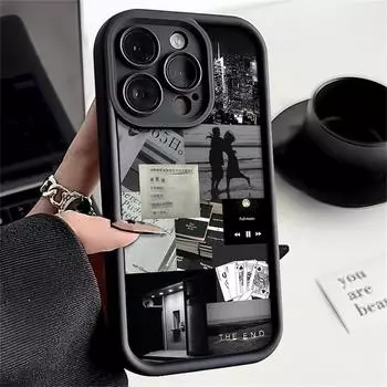 Матовый чехол для телефона с рисунком фрагментов жизни для iPhone 16 Plus 15 Pro 14 Pro Max 13 12 11 XS XR Мягкий противоударный силиконовый чехол из ТПУ для защиты линз iPhone 16 чёрный