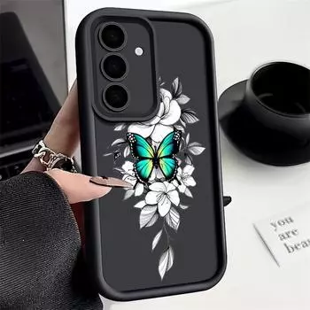 Матовый чехол для телефона TPU с принтом бабочки для Samsung S25 S24 FE S23 Ultra A56 A36 A16 A15 A55 A35 A26, мягкий силиконовый противоударный чехол-бампер Samsung S25 чёрный