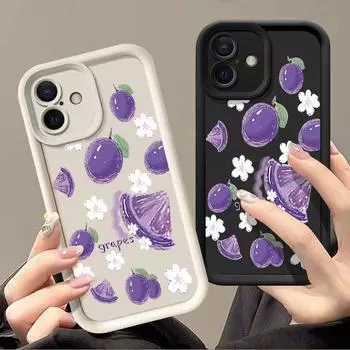 Матовый чехол для телефона TPU с рисунком фруктов и винограда для iPhone 16 Pro Max 15 Plus 14 Pro 13 12 11 XR XS, противоударный мягкий силиконовый чехол iPhone 16 чёрный