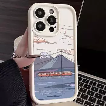 Матовый чехол для телефона TPU с рисунком «Поезд и горы» для iPhone 16 Pro Max 15 Pro 14 Plus 13 12 11 XS XR 8 7, противоударный защитный силиконовый мягкий чехол для линз iPhone 16 чёрный