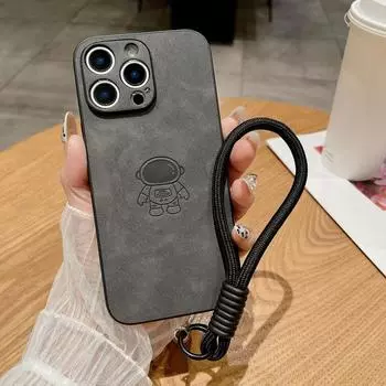 Матовый чехол из кожи с рисунком астронавта для iPhone 16 Plus 15 Pro Max 14 Pro 13 12 11 Мягкий шнурок Противоударный Тонкий Однотонный Чехол для телефона iPhone 16 темно-серого