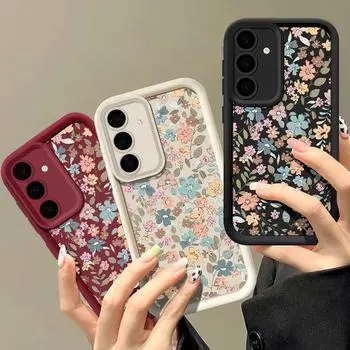 Матовый чехол с цветочным принтом для Samsung S25 Ultra S24 FE S23 S22 A16 A55 A15 A35 A56 A36 A54 A34 A14 TPU мягкий противоударный защитный чехол для объектива телефона Samsung S25 чёрный