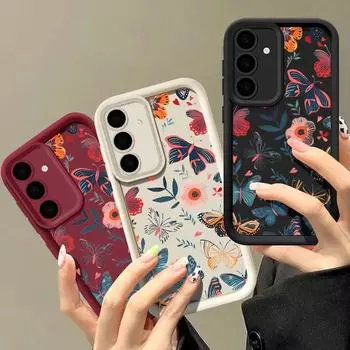Матовый чехол с цветочным принтом в виде бабочки для Samsung S25 Ultra S24 FE S23 S22 A16 A55 A15 A35 A56 A36 A54 A34 TPU мягкий противоударный защитный чехол для объектива телефона Samsung S25 чёрный