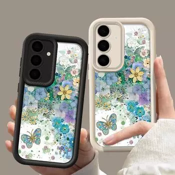 Матовый чехол с цветочным узором в виде бабочки для Samsung S25 Ultra S24 FE S23 S22 A16 A15 A55 A35 A54 A34 TPU мягкий противоударный защитный чехол для объектива телефона Samsung S25 чёрный
