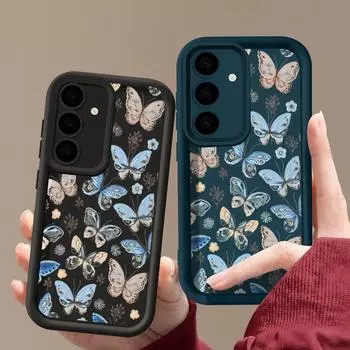 Матовый чехол с рисунком бабочки для Samsung S25 Ultra S24 FE S23 S22 A16 A55 A15 A35 A56 A36 A54 A34 A14 TPU мягкий противоударный защитный чехол для объектива телефона Samsung S25 чёрный