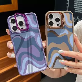 Матовый чехол с синей волнистой полосой и подставкой для объектива для iPhone 16 Pro Max 15 14 13 Pro 12 11, держатель камеры, мягкий силиконовый противоударный защитный чехол для телефона iPhone 16 чёрный