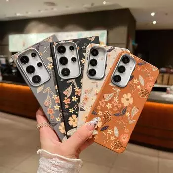 Матовый чехол с винтажным растительным цветочным принтом для Samsung S25 S24 FE S23 Ultra S22 A16 A15 A55 A36 A54 A35, кожаная текстура, противоударный, мягкий, тонкий чехол для телефона Samsung S25 чёрный