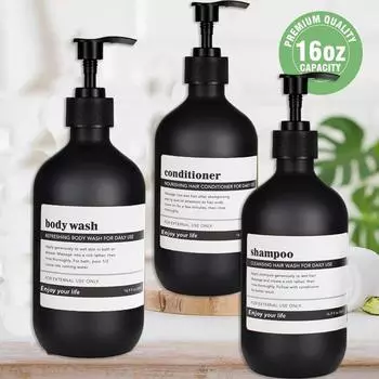 Матовый черный дозатор для лосьона и мыла, портативный портативный 500 мл пустой круглый дозирующий контейнер с водонепроницаемой этикеткой 8 шт. Set 1