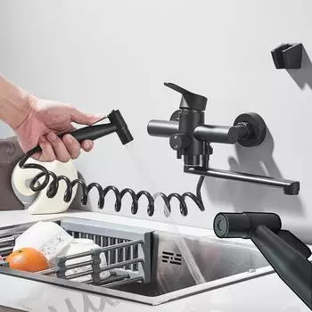 Матовый черный кухонный кран настенный из нержавеющей стали с поворотным изливом на 360 градусов, однорычажный смеситель для горячей и холодной воды с распылительной головкой матовый черный