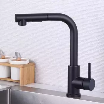 Матовый черный кухонный смеситель с выдвижным распылителем, одной ручкой, смеситель для кухонной мойки из нержавеющей стали, прочный смеситель для кухонной мойки матовый черный