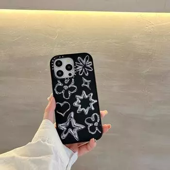 Матовый черный магнитный металлический чехол с цветочным граффити для iPhone 16 Pro Max/15 Pro/14 iPhone 16 Pro