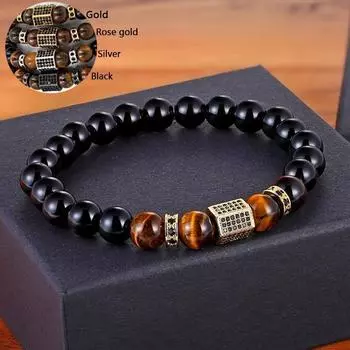 Матовый камень оникс и тигровый глаз, комбинированная строчка с кубическим цирконом, ручные украшения, браслет из бусин, эластичный эластичный мужской браслет
