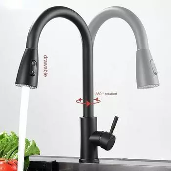Матовый кухонный кран с одним отверстием, выдвижной излив, смеситель для кухонной мойки, распылительная головка, черный, поворотный на 360 градусов смеситель для душа серебряный