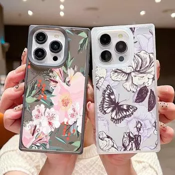 Матовый квадратный прозрачный чехол для iPhone 16 Pro 15 14 Plus 13 12 Pro Max 11 цветной цветочный узор TPU мягкий ударопрочный тонкий чехол iPhone 16 белый