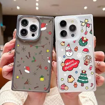 Матовый квадратный прозрачный чехол для телефона iPhone 16 Pro 15 14 Plus 13 12 Pro Max 11 с рисунком мультяшной рождественской елки из ТПУ, мягкий, ударопрочный, тонкий чехол iPhone 16 чёрный