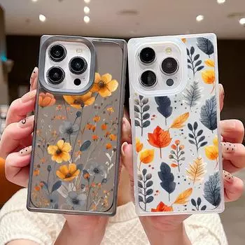 Матовый квадратный прозрачный чехол для телефона iPhone 16 Pro 15 14 Plus 13 12 Pro Max 11 с рисунком листьев деревьев и цветов, мягкий ударопрочный тонкий чехол из ТПУ iPhone 16 чёрный