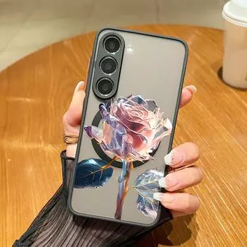 Матовый магнитный чехол с цветочным принтом Crystal Rose для Samsung S24 FE S23 S22 Ultra S21 A55 A15 A54 A35 A34, прозрачный, противоударный, для тонкого телефона MagSafe Samsung S24 FE чёрный
