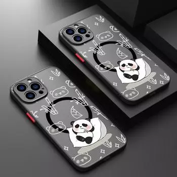 Матовый магнитный чехол с рисунком панды для iPhone 15 Plus 14 13 12 Pro Max 11 8 7 с беспроводной зарядкой для Magsafe Soft Edge, ударопрочный прозрачный тонкий чехол iPhone 15 чёрный