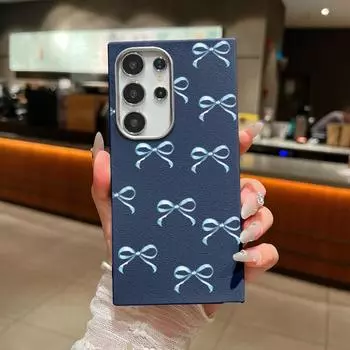 Матовый противоударный чехол с бантом для Samsung S25 Ultra S24 FE S23 S22 S21 A56 A36 A16 A15 A55 A35 кожаная текстура мягкий TPU тонкий чехол для телефона Samsung S25 синий