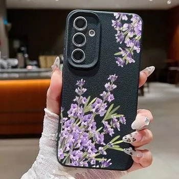 Матовый противоударный чехол с фиолетовым цветочным принтом для Samsung S25 Ultra S24 FE S23 S22 A56 A36 A55 A16 A26 A35, тонкий чехол для телефона из мягкого материала с текстурой из кожи TPU Samsung S25 чёрный