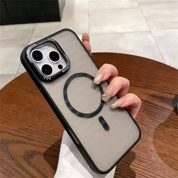 Матовый прозрачный чехол с металлическим кольцом для объектива для iPhone 16 15 14 Plus 13 12 11 Pro Max Stripe Magnetic Wireless Charger Cover iPhone 16 Pro Max чёрный