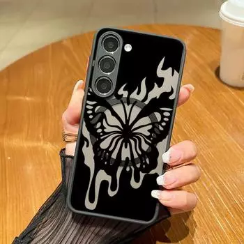 Матовый прозрачный магнитный чехол с принтом бабочки пламени для Samsung S24 FE S23 S22 Ultra S21 A55 A15 A54 A35 A14 A34 тонкий противоударный чехол для телефона MagSafe Samsung S24 FE чёрный