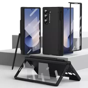 Матовый складной чехол для Samsung Galaxy Z Fold 6 5 4 3 Чехол с удобным для кожи шарниром Дополнительный слот для стилуса с закаленной пленкой Противоударное покрытие for Galaxy Z Fold 3 фиолетовый