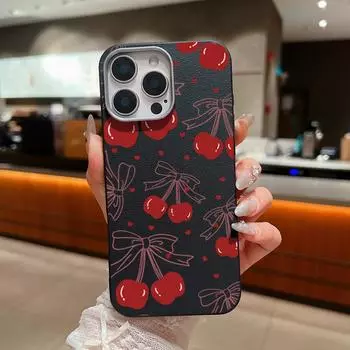Матовый тонкий чехол для телефона с принтом вишневого банта для iPhone 16 Pro Max 15 Plus 14 Pro 13 12 11 TPU кожаная текстура мягкий противоударный бампер iPhone 16 чёрный