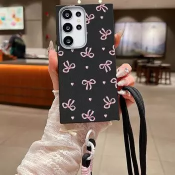 Матовый тонкий противоударный чехол с бантом для Samsung S25 Ultra S24 FE S23 A16 A56 A55 A36 A26 A15 A35, мягкий чехол для телефона с ремешком из кожи TPU Samsung S25 чёрный