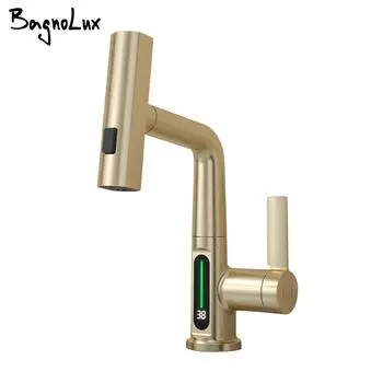Матовый золотой смеситель для раковины с подъемным механизмом, выдвижной цифровой дисплей, водопад, 3 функции, выдвижной распылитель, монтируется на палубе