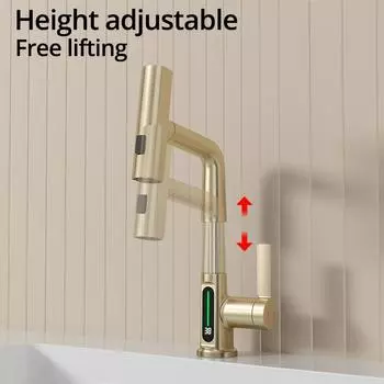 Матовый золотой смеситель для раковины с подъемным механизмом, выдвижной цифровой дисплей, водопад, 3 функции, выдвижной распылитель, монтируется на палубе